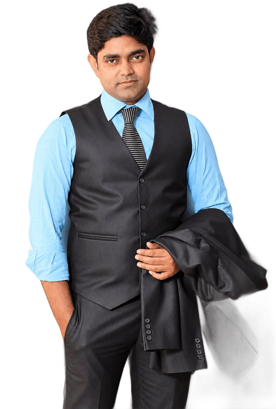 Md. Zahirul Islam in a dark waistcoat and striped tie, holding his jacket